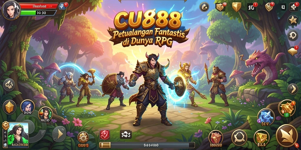 Screenshot gameplay CU888 menampilkan pertarungan epik di dunia RPG.