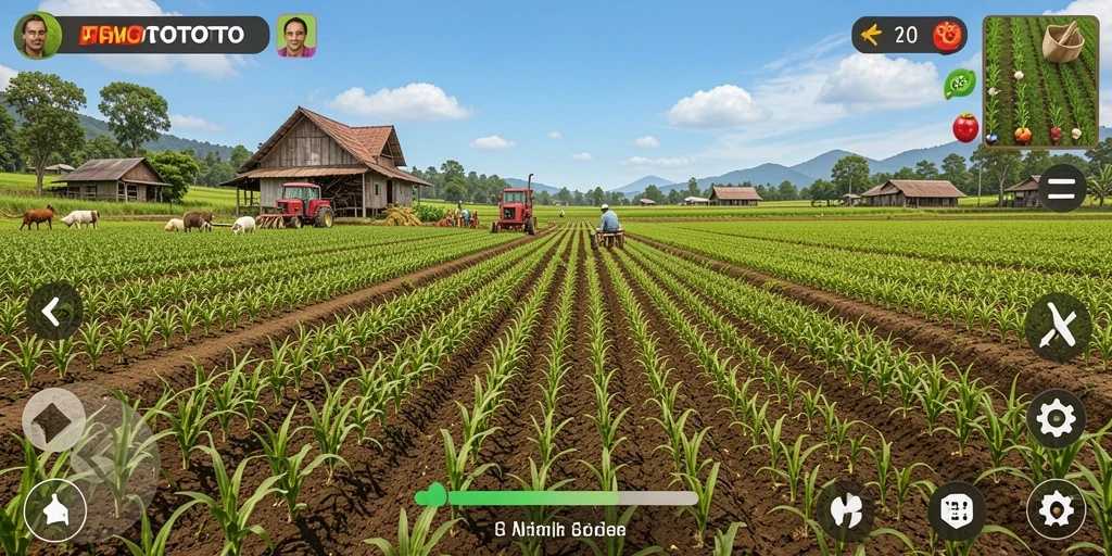 Tangkapan layar utama FOMOTOTO menampilkan gameplay bercocok tanam yang seru.