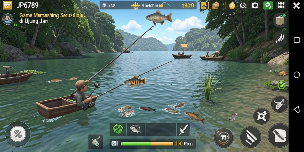 Gambar menampilkan gameplay memancing yang menegangkan dan pemandangan yang menakjubkan.