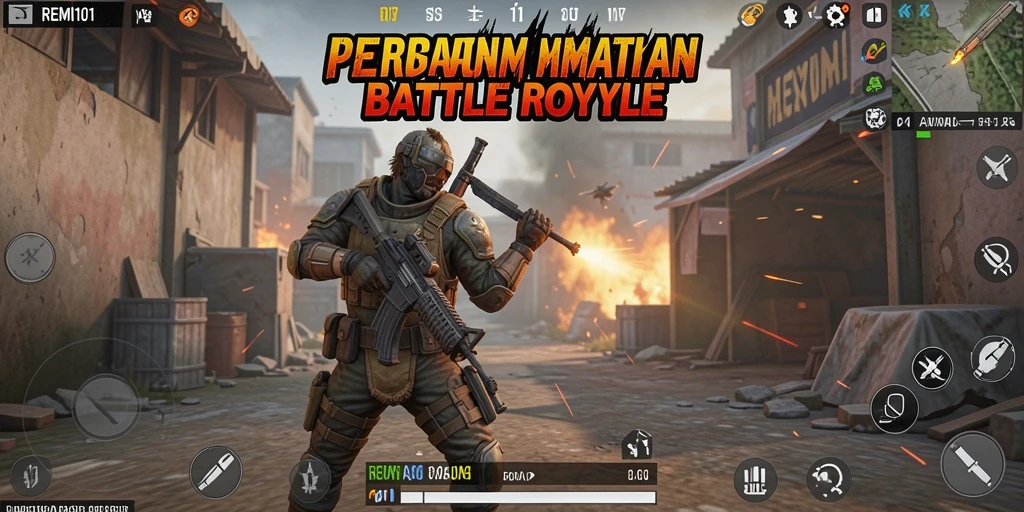 Tangkapan layar <strong>REMI101</strong> menampilkan aksi pertempuran Battle Royale yang menegangkan.