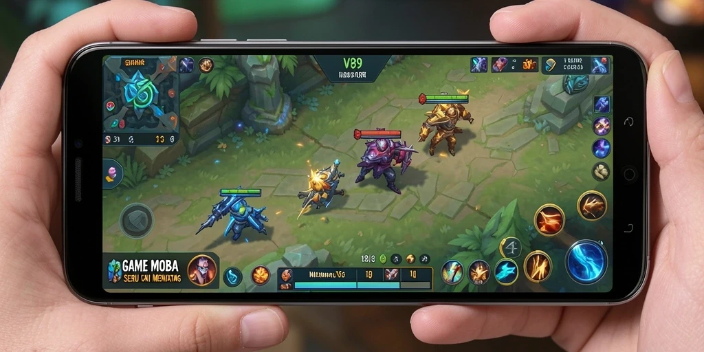 Screenshot gameplay V89 menunjukkan pertarungan seru antar tim MOBA.
